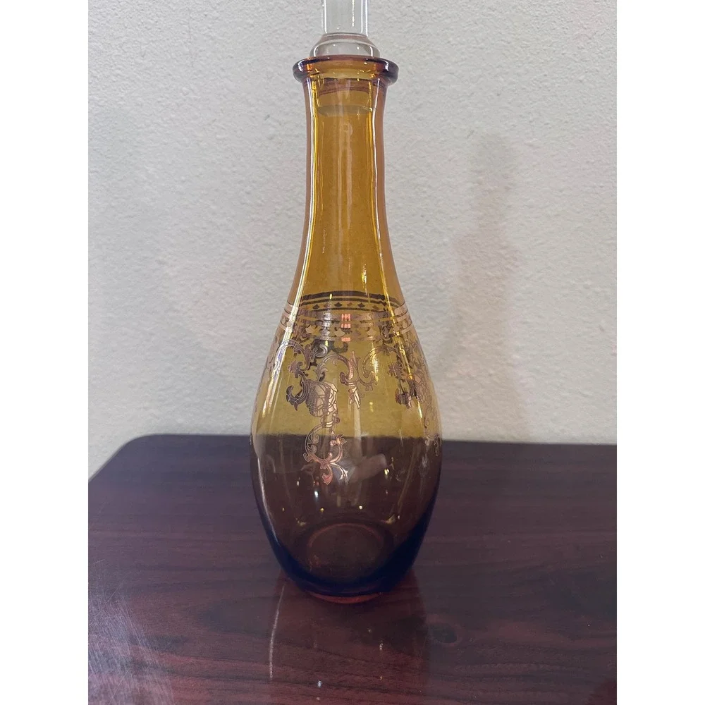 Vintage Amber Glass Decanter and 2 Wine Glass Set Gold Floral Filigree 3 Piece